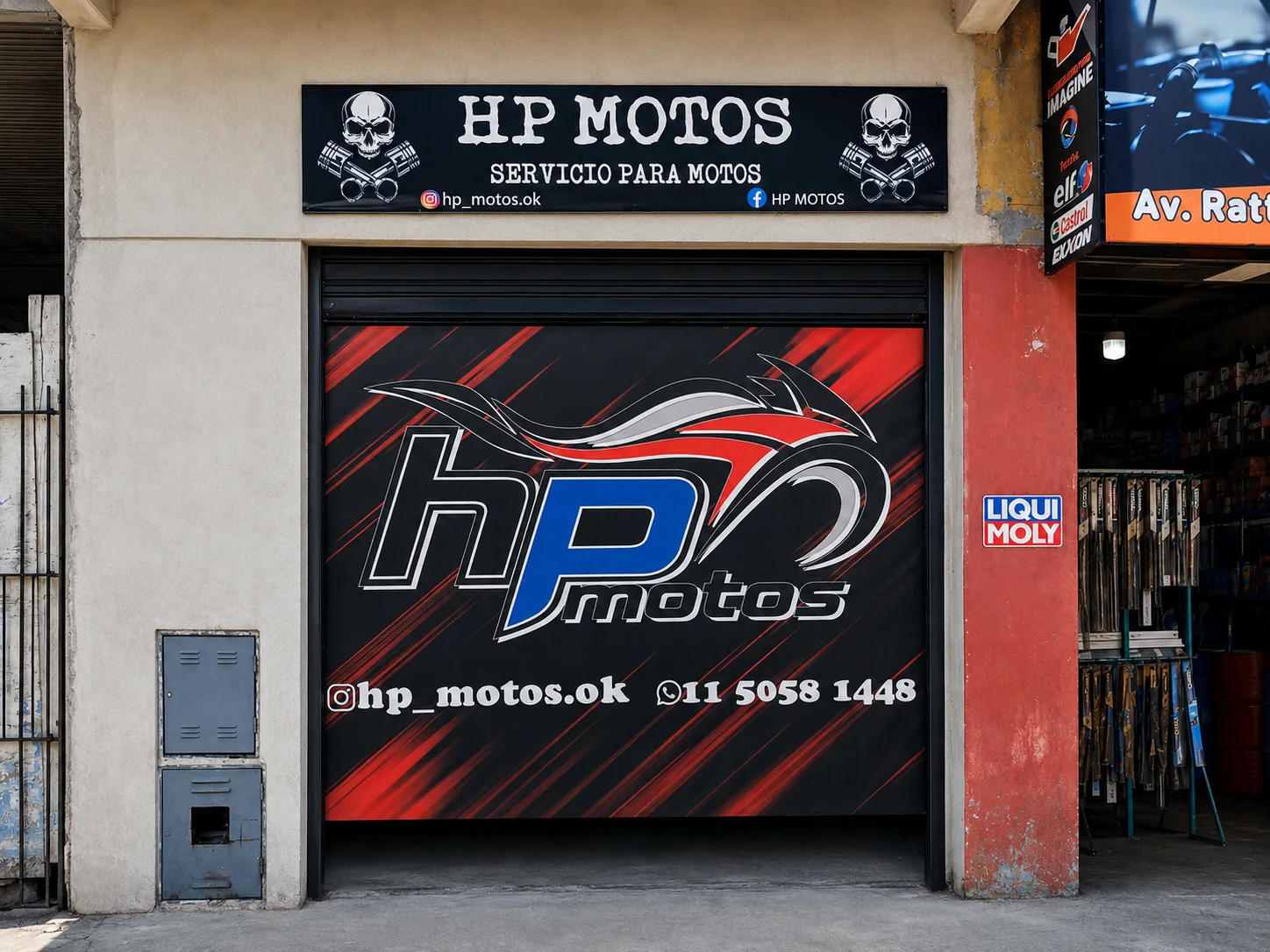 Frente del taller HP Motos en Ituzaingó